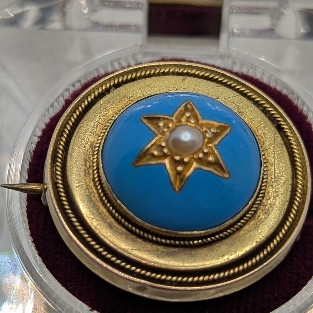 ✨ Antique 15ct Gold Victorian Blue Enamel & Pearl Star Brooch ✨ - Picture 2 of 8